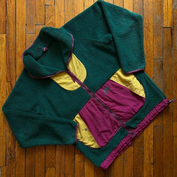Helly Hansen Other - Vintage 90s Helly Hansen Men Green Color Block Sherpa Pile Fleece Jacket Size XL